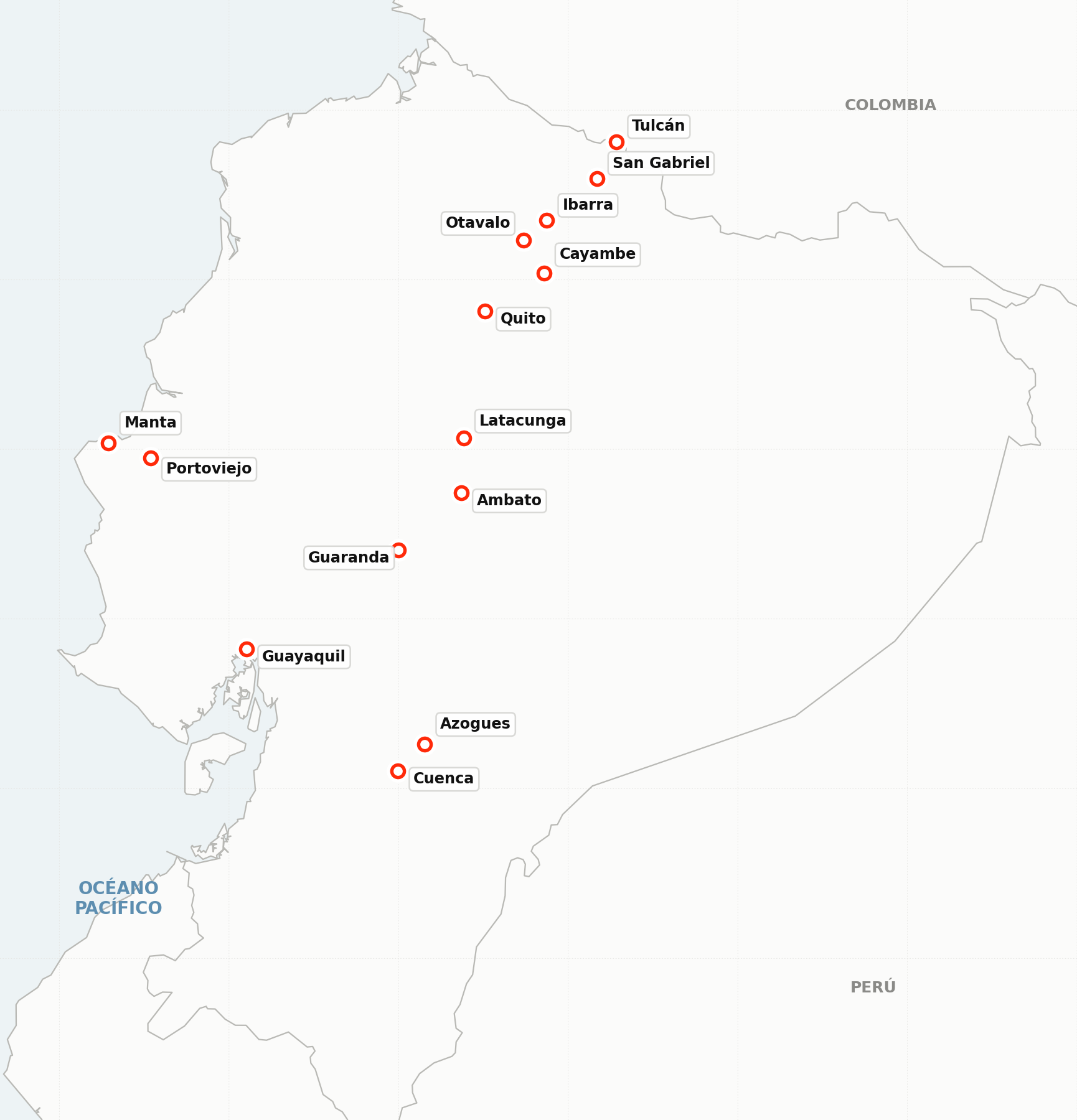 Mapa geográfico del Ecuador con marcadores en Quito, Guayaquil, Cuenca, Azogues, Manta, Portoviejo, Ambato, Guaranda, Latacunga, Cayambe, Otavalo, Ibarra, San Gabriel y Tulcán.